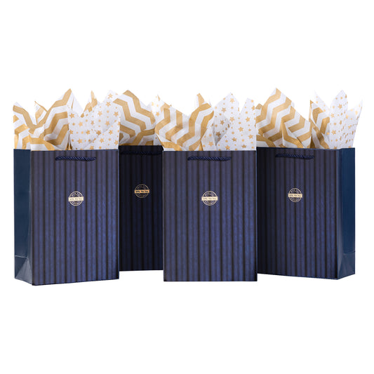 10 Pack Navy with Stripes Gift Bags with Tissue Paper