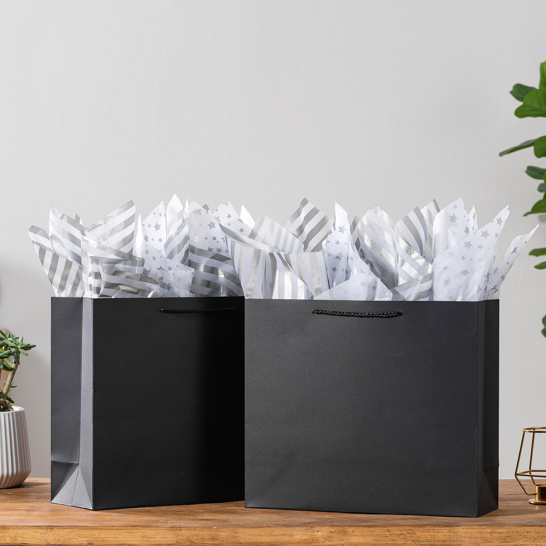 12 Pack Medium Sized Black Gift Bags with Tissue Paper