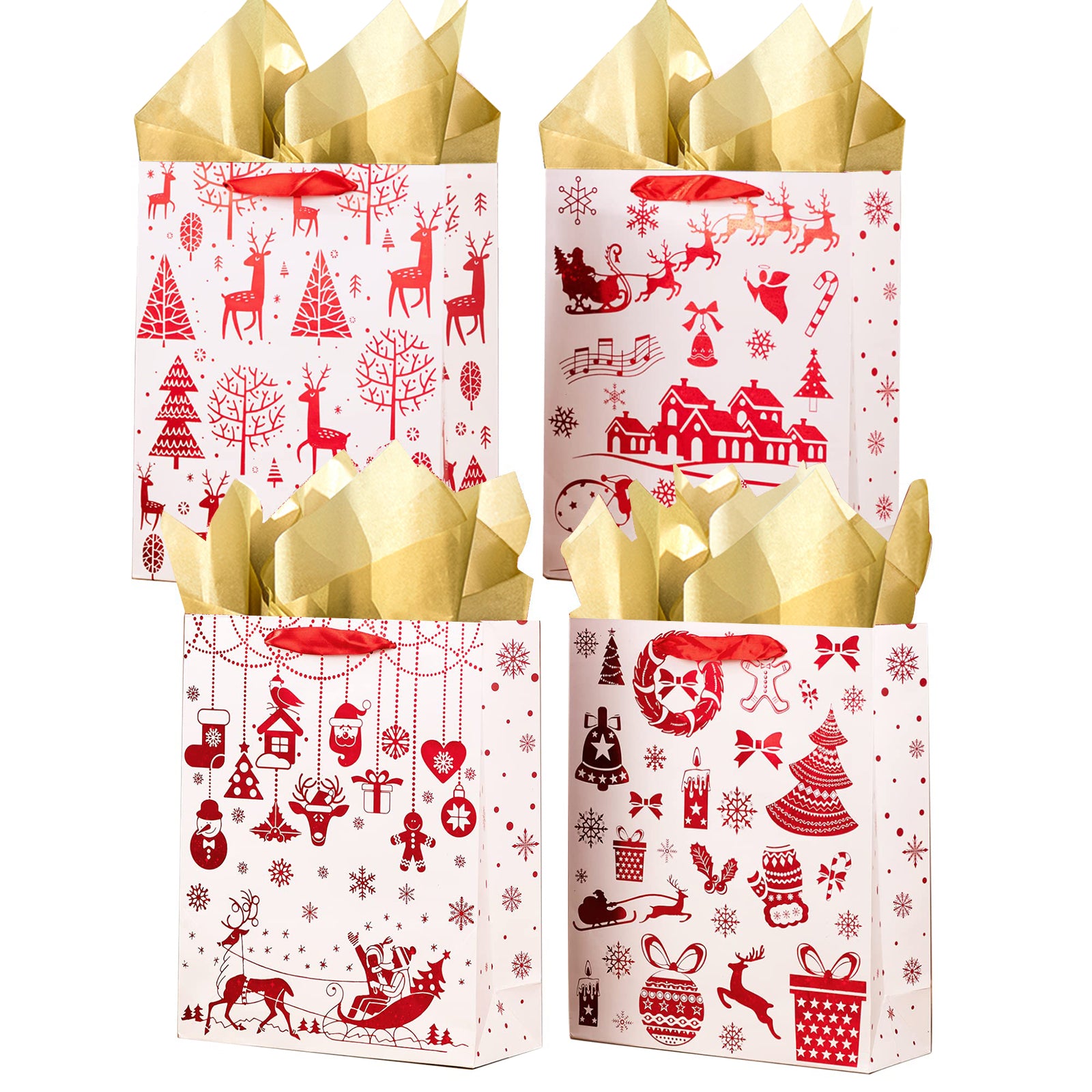 12 Pack Red Christmas Gift Bags with Tissue Paper