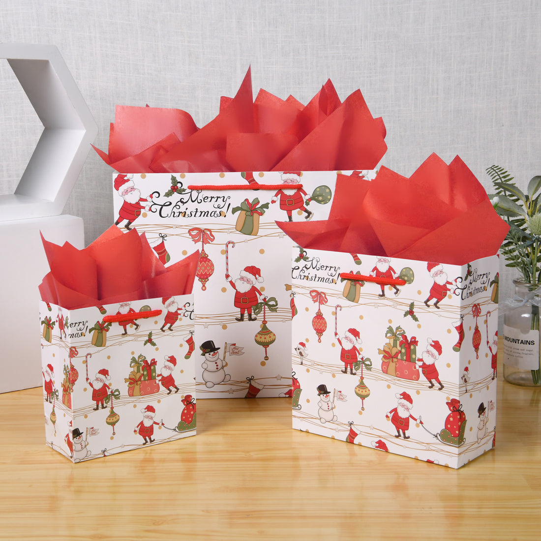 12 Pack Christmas Gift Bags, Santa Bags with Tissue Paper and Greeting Cards