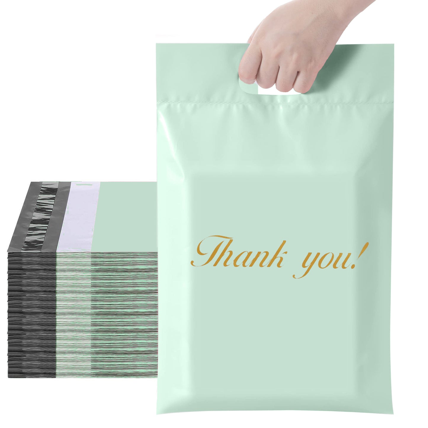 10"x13" 100% Biodegradable Green Thank You Mailers with Handles Tear-Proof Polyethylene Shipping Bags