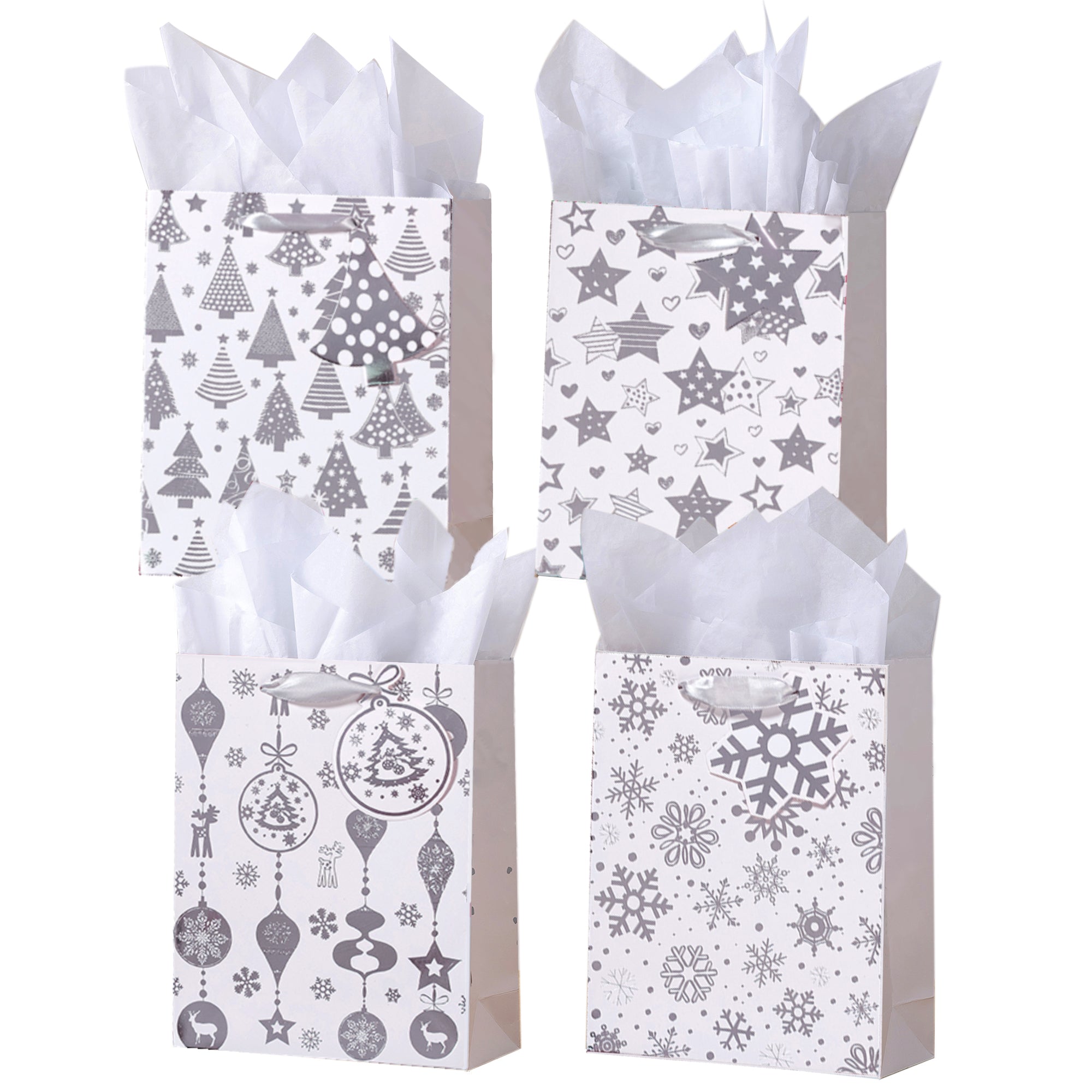 12 Pack Silver Christmas Gift Bags with Tissue Paper