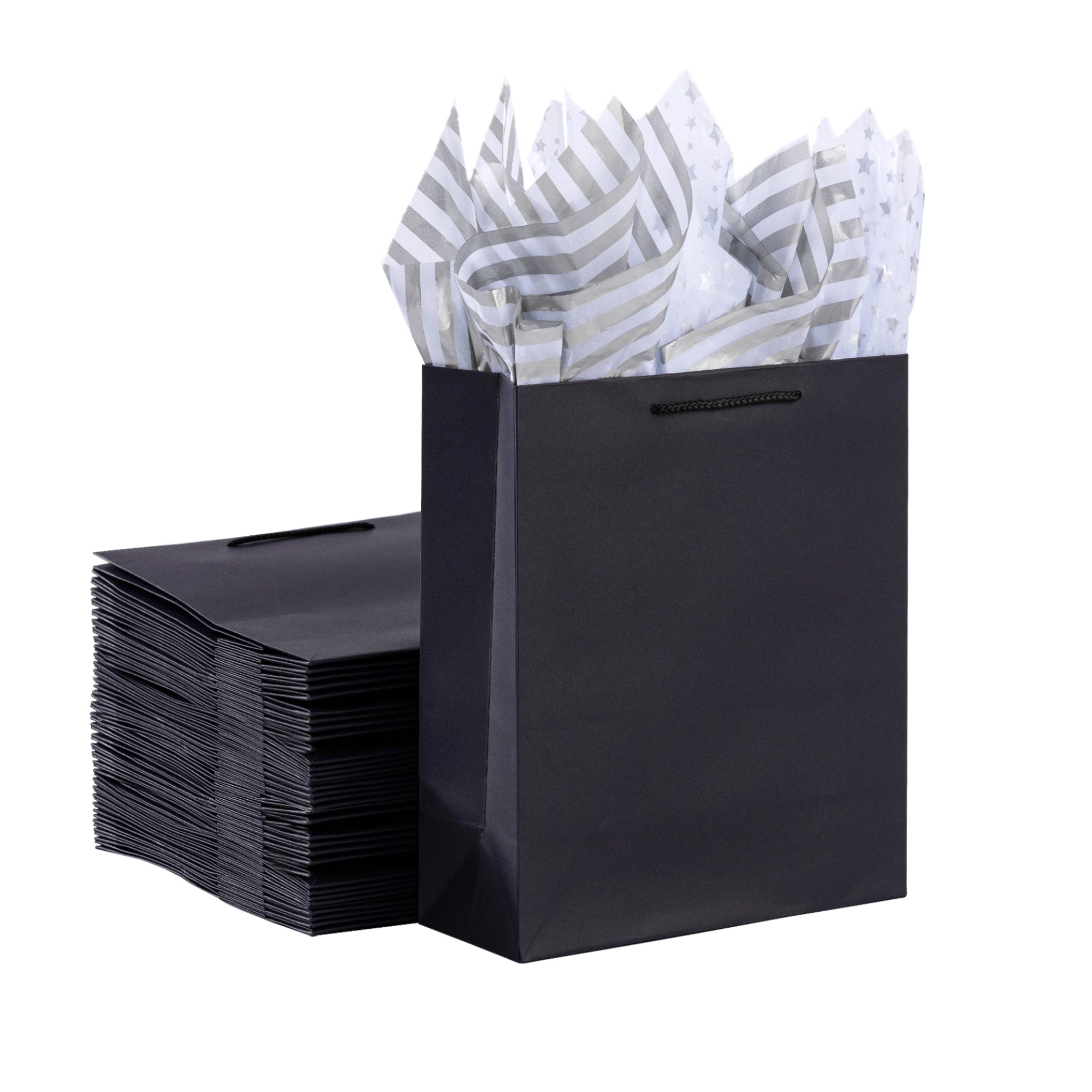 12 Pack Black Gift Bags with Silver Tissue Paper