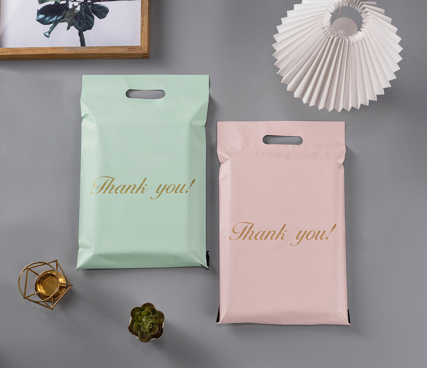 10"x13" 100% Biodegradable Pink Thank You Mailers with Handles Tear-Proof Polyethylene Shipping Bags