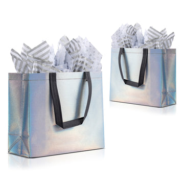 Glossy Silver Gift Bags with Tissue Paper