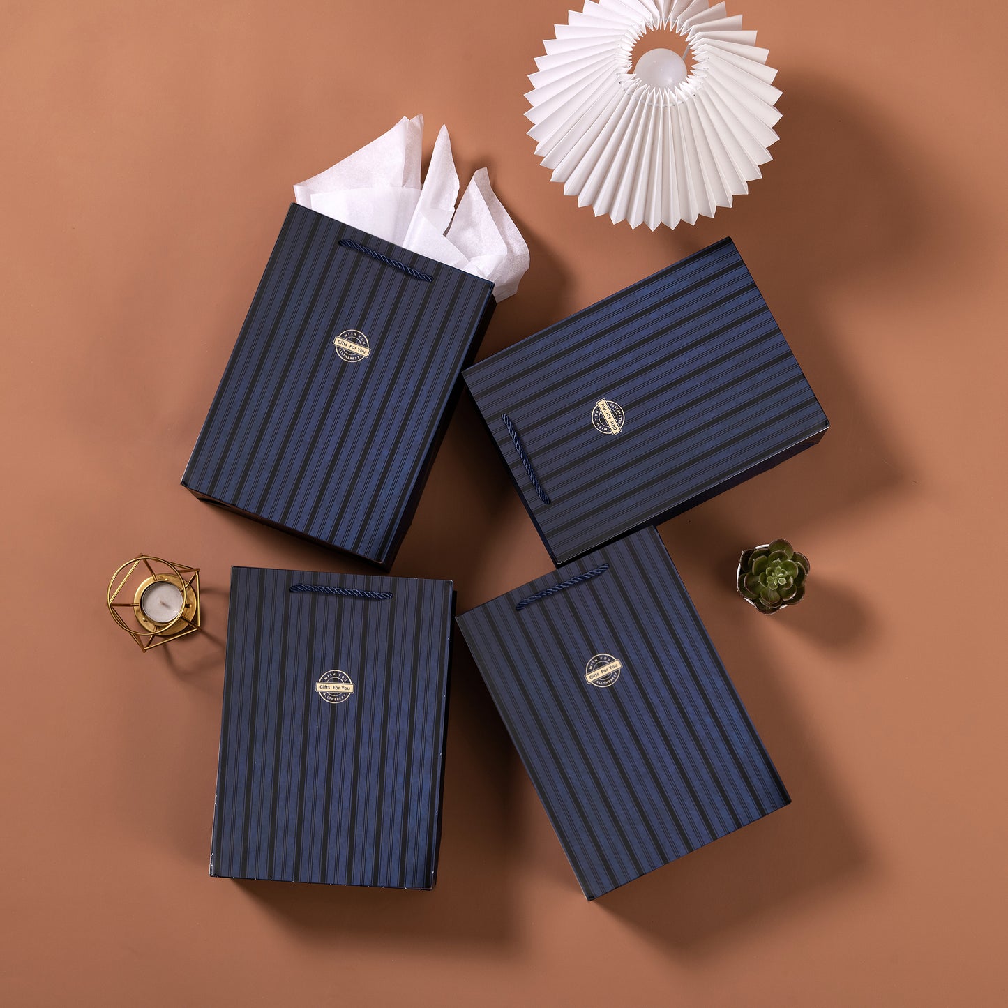 10 Pack Navy with Stripes Gift Bags with Tissue Paper