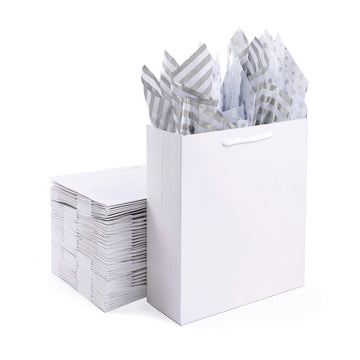 12 Pack White Gift Bags with Silver Tissue Paper