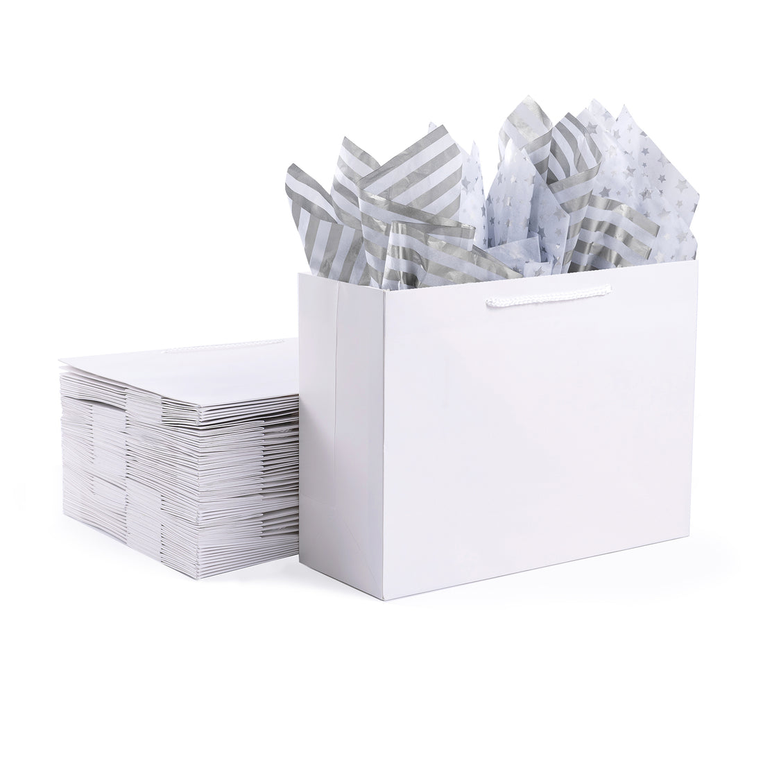 12 Pack White Gift Bags with Silver Tissue Paper