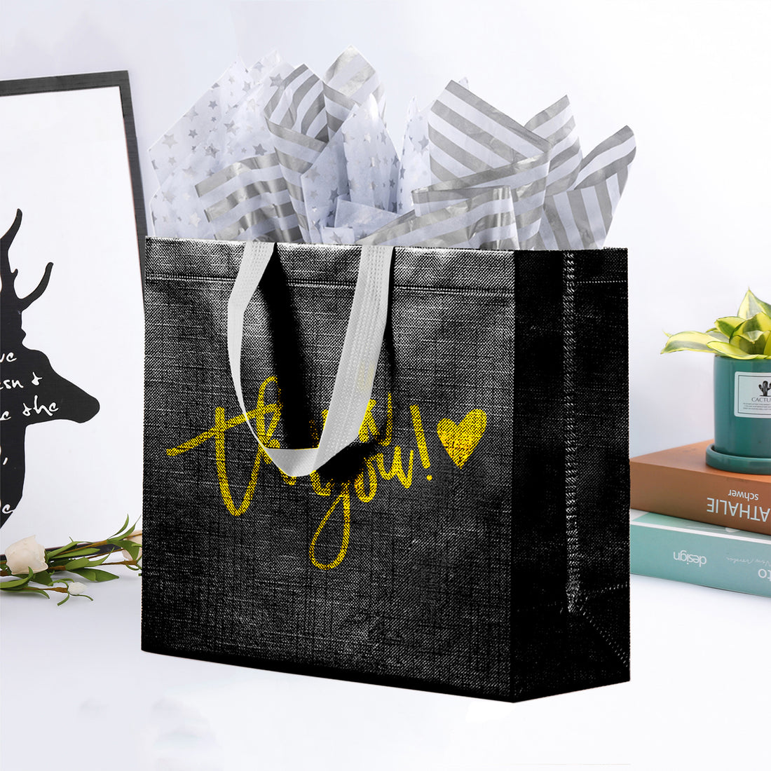 Black Reusable Gift Bags Thank You Shopping Bags with Tissue Paper