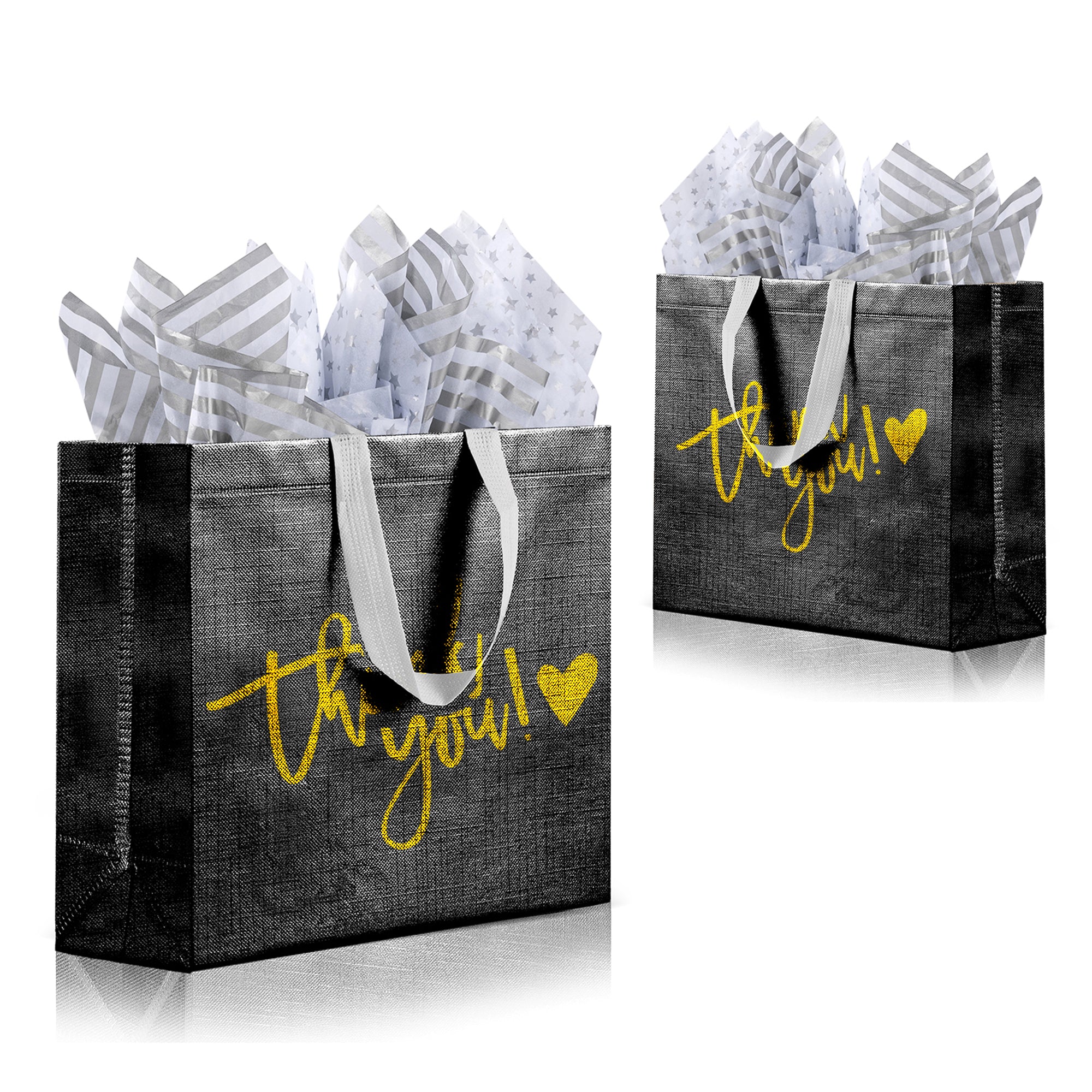 Black Reusable Gift Bags Thank You Shopping Bags with Tissue Paper