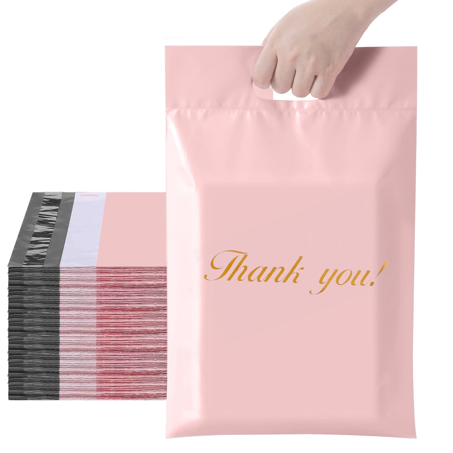 10"x13" 100% Biodegradable Pink Thank You Mailers with Handles Tear-Proof Polyethylene Shipping Bags