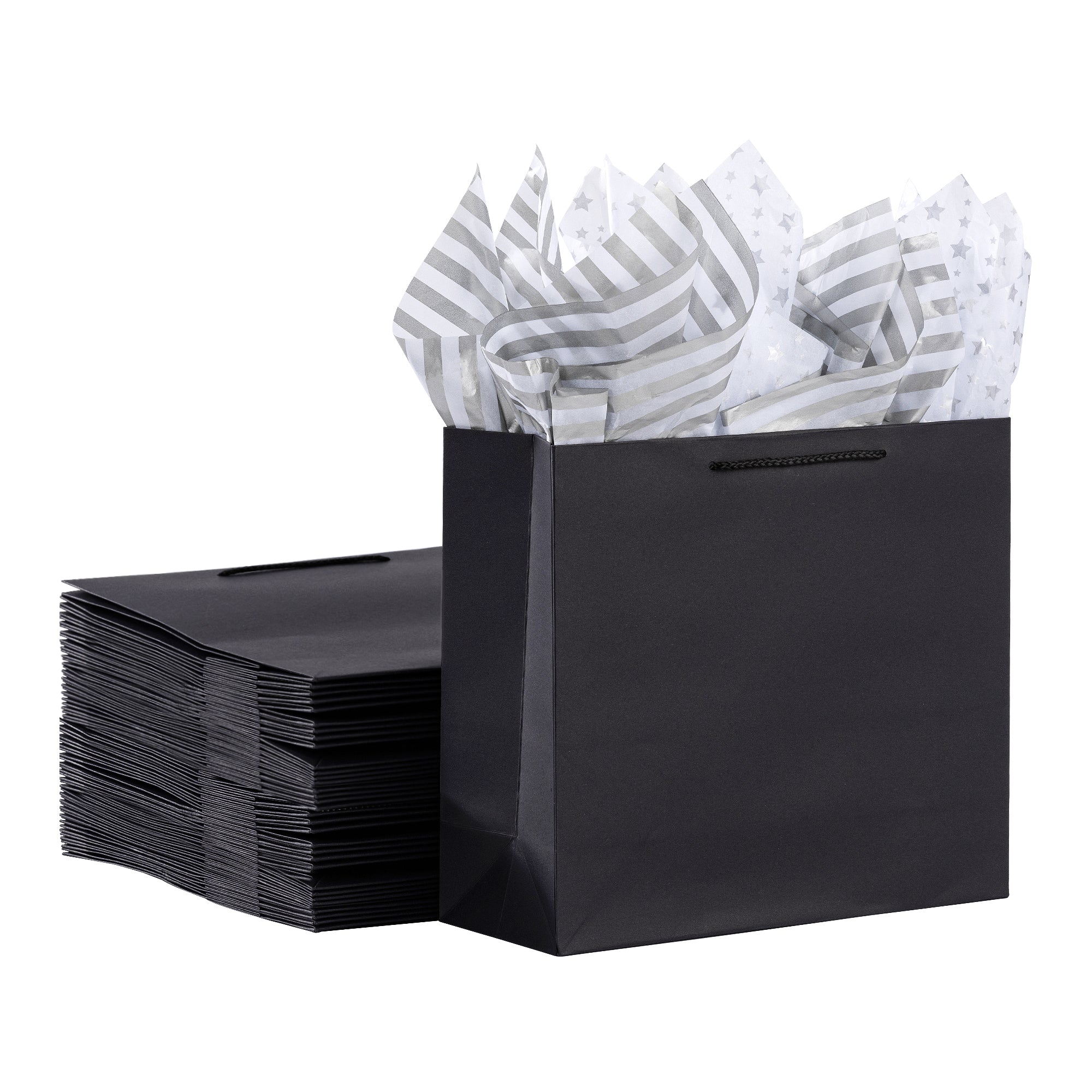 12 Pack Medium Sized Black Gift Bags with Tissue Paper