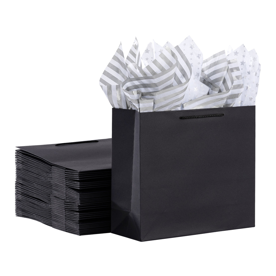 12 Pack Black Gift Bags with Silver Tissue Paper